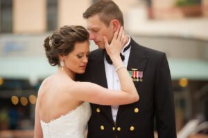 Bride with Luxury Updo and Military Husband Displaying Medals
