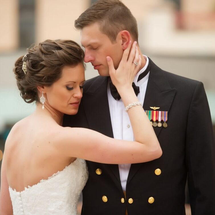 Bride with Luxury Updo and Military Husband Displaying Medals