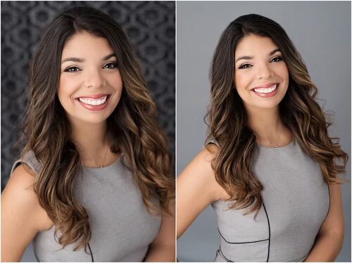 woman with long dark hair posing for corporate headshot