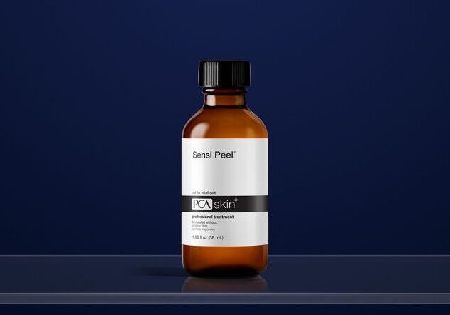 Brown bottle labeled "Sensi Peel" on shelf.